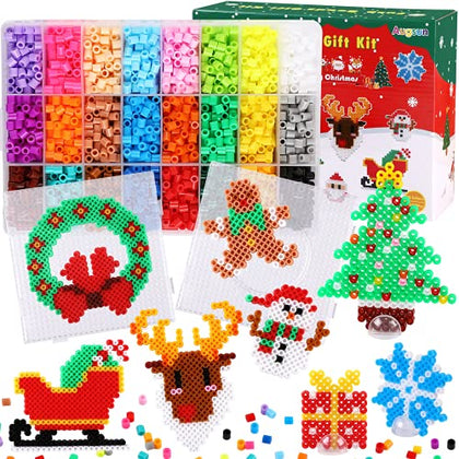 AUGSUN Christmas Fuse Beads Kit - 5100Pcs+ 24 Colors Crafting Melting Beads Set for Kids, 12 Styles Christmas Patterns 2Pcs 5mm Iron Beads Pegboards for DIY Craft Making