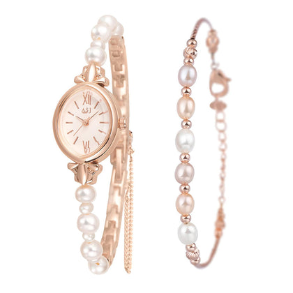 Ibohevo Pearl Bracelet Cuff Watches: Women Rose Gold Waterproof Diamond Dress Analog Watch Oval Pearls Bangle Watch Bracelets Set Gift