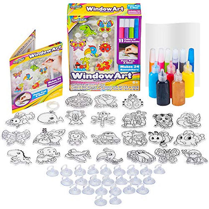 Creative Kids Window Paint Art Kit - Make Your Own Suncatchers Set - 24 Sun Catchers, 24 Suction Cups & 11 Paints - Suncatchers for Kids to Paint - DIY Window & Mirror Arts & Crafts Kit Children