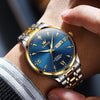OLEVS Watches for Men Automatic Self Winding Two Tone Mechanical Stainless Steel Luxury Business Calendar Waterproof Luminous Wrist Watch Gold Blue