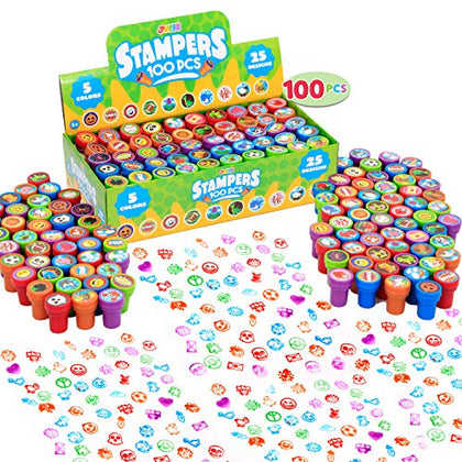 100 Pcs Assorted Stamps for Kids Self-ink Stamps (50 DIFFERENT Designs, Plastic Stamps with Emoji, Dinosaur, Zoo Safari Stampers) for Party Favor, Carnival Prizes, School Teacher, Easter Egg Stuffers, Halloween, Christmas