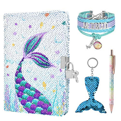 Sequins Notebook Set - Sparkly Mermaid Gift for Girls Kids Christmas Birthday Notebooks Journal Diary with Lock School Travel A5 Lined Memos Writing Drawing Notepad Ballpoint Pen Bracelet Key-chain