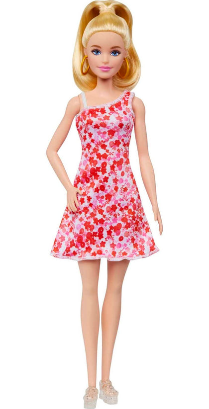 Barbie Fashionistas Doll #205 with Blond Ponytail, Wearing Pink and Red Floral Dress, Platform Sandals and Hoop Earrings For 3 years and older