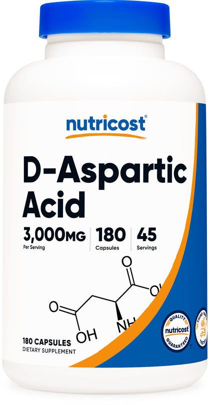 Nutricost D-Aspartic Acid (DAA) Capsules 3000mg Per Serving (180 Capsules) - Non-GMO (Expiry 12/31/2026)