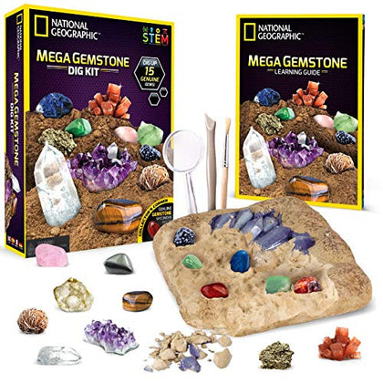 NATIONAL GEOGRAPHIC Mega Gemstone Dig Kit - Dig Up 15 Real Gemstones and Crystals, Science/Mining Kit for Kids, Gift for Girls and Boys, Rock Collection (Amazon Exclusive)