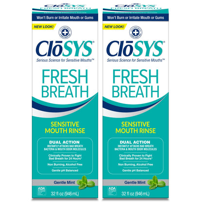 CloSYS Sensitive Mouthwash, 32 Ounce, 2 Count, Gentle Mint, Alcohol Free, Dye Free, pH Balanced, Helps Soothe Mouth Sensitivity, Fights Bad Breath