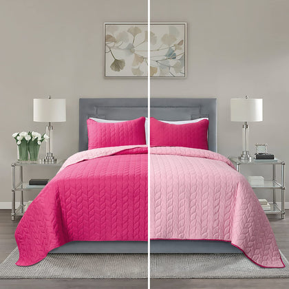 HIG 3 Piece Minimal Style Oversized Bedspread Set Queen, Hot Pink Reversible Stitch Quilted Coverlet Set with Leaf Pattern, Feminine Solid Quilt Set for Bedroom, Microfiber, 100