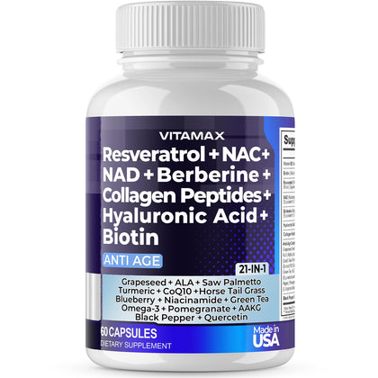 Resveratrol NAD+ Berberine Hyaluronic Acid - Biotin Grape & Blueberry + NAC - Collagen Peptides - Hair, Nail, Skin & Joint Supplement - 21-in-1 Women and Men - Made in USA (60 Count (Pack of 1))