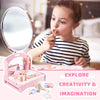 TUKELER Wooden Makeup Toy Set with Mirror&Table, Toddler Makeup Vanity,Portable Pretend Beauty Salon Play Set, Nontoxic Paint, Great Gift for Girls Ages 3+