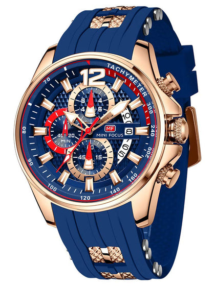 Watches for Men Blue Sport Military Waterproof Chronograph Luminous Date Analog Quartz Watch Genuine Silicon Strap Fashion Business Wrist Watches Clock