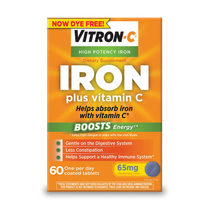 vitron-c iron supplement, once daily, high potency iron plus vitamin c, supports red blood cell production, dye free tablets, 60 count (expiry -7/31/2025)