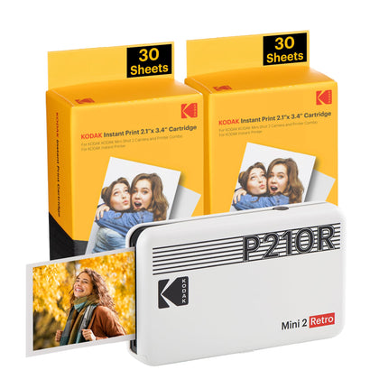 KODAK Mini 2 Retro 4PASS Portable Photo Printer (2.1x3.4 inches) + 68 Sheets Bundle, White