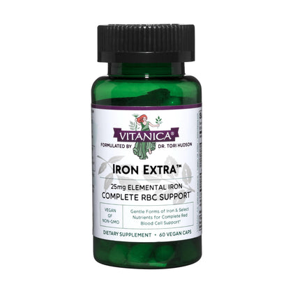 Vitanica Iron Extra, Iron Supplement Enhanced Absorption with Vitamin C 500mg, Methylfolate 400mcg, B12 Vitamin 500mcg, Calcium, Yellow Dock, Dandelion Root & Nettle Leaf Extract, Vegan, 60 Capsules