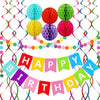 Happy Birthday Banner, Rainbow Birthday Banner, 6 Honeycomb Balls, 8 Metallic Hanging Swirls and Circle Parper Garland, Happy Birthday Decorations