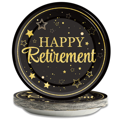 48 Pcs Retirement Paper Plates Happy Retirement Party Supplies Disposable Dessert Plates Decorations Black and Gold Plates Tableware for Men Women