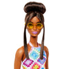 Barbie Fashionistas Doll #210 with Brown Hair in Bun, Wearing Colorful Crochet Halter Dress, Sunglasses and Sandals