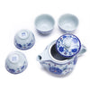 THY COLLECTIBLES Exquisite 5 PCS Blue-and-White Peony Design Ceramic Tea Pot Tea Cups Set in Beautiful Color Gift Box