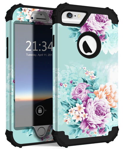 pixiu compatible with iphone 6 6s case,three layer heavy duty shockproof protective soft silicone hard plastic bumper sturdy case cover for iphone 6 6s 4.7 inch flower