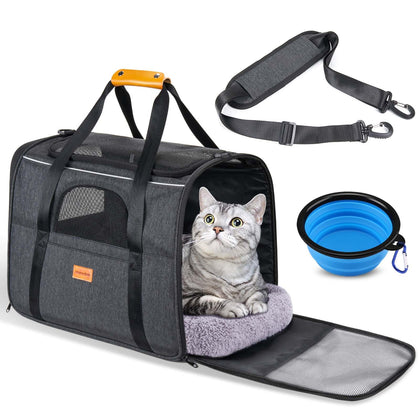 Morpilot Portable Cat Carrier - Soft Sided Cat Carrier for Medium Cats and Puppy up to 15lbs, Pet Carrier with Locking Safety Zippers, Foldable Bowl, Airline Approved Travel Dog Carrier - Dark Gray