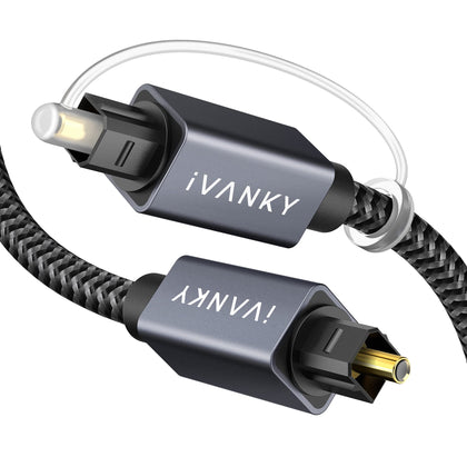 ivanky Digital Optical Audio Cable 6ft/1.8M, Slim Nylon Braided Audio Optical Cord Toslink Cable for Sound Bar, TV, PS4, Xbox, Samsung, Vizio, 24K Gold-Plated - CL3 Rated, Grey