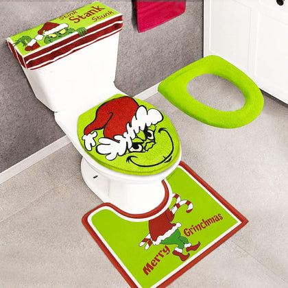 Christmas Decorations - Xmas Bathroom Sets - Grinchs Decor Toilet Seat Cover and Rug for Indoor Home Set of 4 (Red - Green)