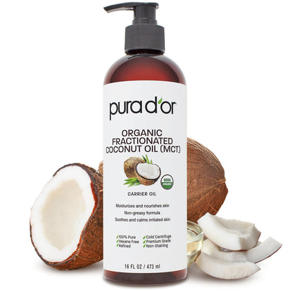 PURA D'OR 16 Oz Organic Fractionated Coconut Oil - 100% Pure & Natural USDA Certified Cold Pressed Carrier Oil, Scent-Free - Aciete De Coco Liquid Moisturizer For Face Skin & Hair, Men & Women