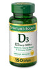 Nature's Bounty Vitamin D3, Immune and Bone Support, 5000IU, Rapid Release Softgels, 150 Ct