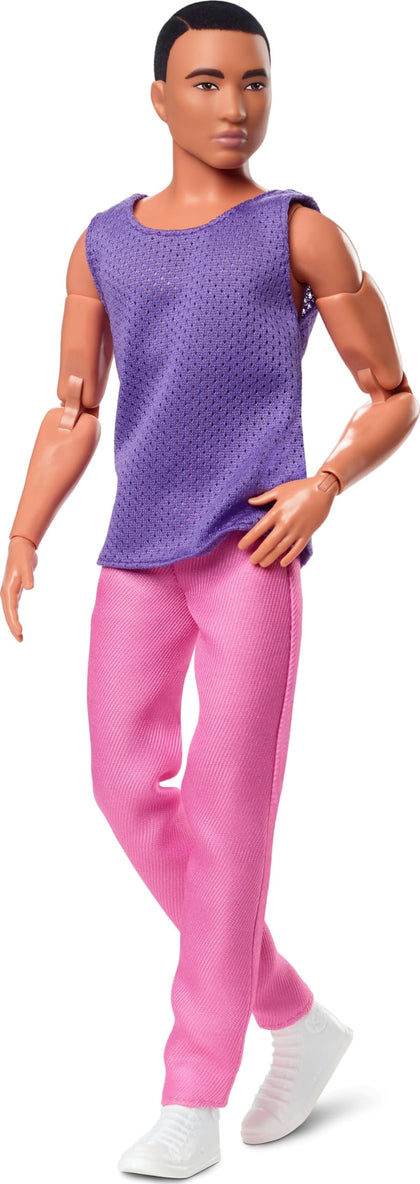 Barbie Looks Ken Doll with Black Hair Dressed in Purple Mesh Top and Pink Trousers, Posable Made to Move Body