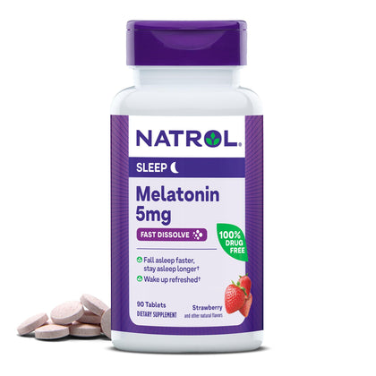 Natrol Melatonin 5mg, Strawberry-Flavored Dietary Supplement for Restful Sleep, 90 Fast-Dissolve Tablets, 90 Day Supply (Expiry -1/31/2025)