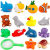 15 PCS Ocean Animals Rubber Bath Toy Water Squirters with Floating Bathtub Squeeze and Play Soft Sea Creatures anf Fishing Net for Baby, Toddlers and Kids