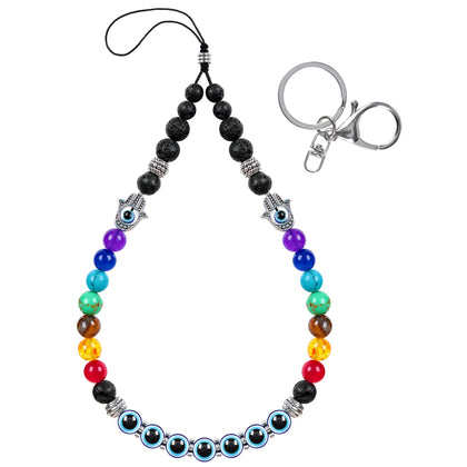 Ucharmbead Evil Eye Phone Charm Cell Phone Lanyard Chakra Relax Anxiety Lava Rock Natural Healing Gem Stone Beaded Keychain for Women Men