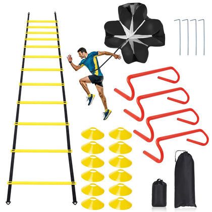 Speed & Agility Ladder Training Equipment Set, Includes 12 Rung 20ft Agility Ladder, 4 Agility Hurdles,12 Disc Cones, 1 Resistance Parachute for Training Football Soccer Basketball Athletes