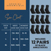 Special Essentials 12 Pairs Cotton Diabetic Ankle Socks - Non-Binding With Extra Wide Top For Men and Women Black 10-13