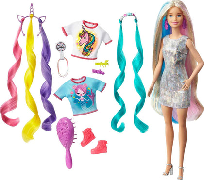 Barbie Fantasy Hair Doll & Accessories, Long Colorful Blonde Hair with Mermaid and Unicorn-Inspired Clothes