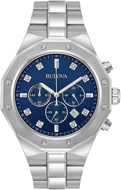 Bulova Men's Classic Diamond 6-Hand Chronograph Quartz Watch, Calendar Date, Luminous Markers, 100M Water Resistant, 44mm Style: 96D138