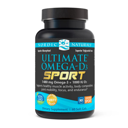 Nordic Naturals Ultimate Omega-D3 Sport, Lemon - 60 Soft Gels - 1480 mg Omega-3 + 1000 IU Vitamin D3 - NSF Certified - Supports Muscle, Bones, Focus & Endurance - 30 Servings