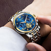 OLEVS Blue Watch for Men Moon Phase Business Dress Analog Quartz Stainless Steel Waterproof Luminous Date Two Tone Luxury Casual Wrist Watch