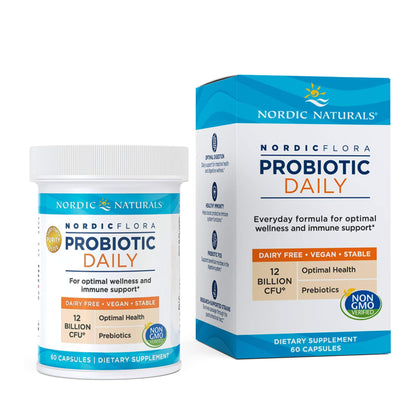 Nordic Naturals Nordic Flora Probiotic Daily - 60 Capsules - 4 Probiotic Strains with 12 Billion Cultures - Optimal Wellness, Immune Support, Digestive Health - Non-GMO, Vegan - 30 Servings