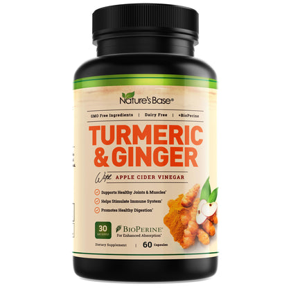 Turmeric and Ginger Supplement - Tumeric Curcumin Joint Support Pills - with Apple Cider Vinegar & BioPerine Black Pepper - 95% Curcuminoids - 60 Capsules (Expiry 4/01/2026)