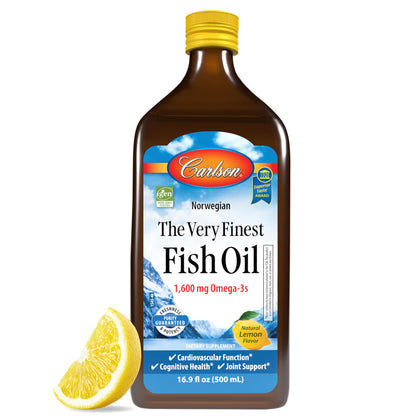 Carlson - The Very Finest Fish Oil, 1600 mg Omega-3s, Liquid Supplement, Norwegian, Wild-Caught, Sustainably Sourced , Lemon, 16.9 Fl Oz