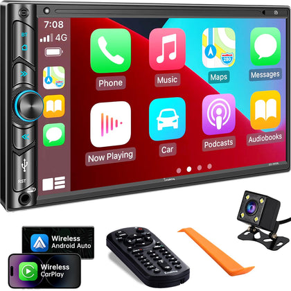 Double Din Car Stereo Compatible with Voice Control Apple Carplay - 7 Inch HD LCD Touchscreen Monitor, Bluetooth, Subwoofer, USB/SD Port, A/V Input, AM/FM Car Radio Receiver, Backup Camera