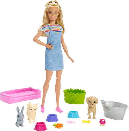 Barbie Play 'n Wash Pets Doll & Playset with 3 Color-Change Animals & 10 Accessories, Blonde Doll with Blue Eyes