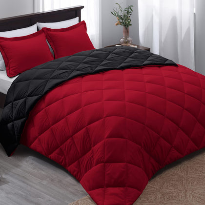 Basic Beyond Queen Comforter Set - Red and Black Comforter Set Queen Size, Reversible Bed Comforter Queen Set for All Seasons, 1 Comforter (88