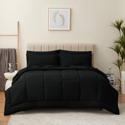 CozyLux Queen Comforter Set - 7 Pieces Bed in a Bag Set Black, Bedding Sets Queen with All Season Quilted Comforter, Flat Sheet, Fitted Sheet, Pillowcases, Black, Queen