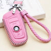 bmw genuine leather key case cover shell for bmw 3-button keyless entry remote control smart car key protection fob skin cover etui with braided key chain & key rings (pink)