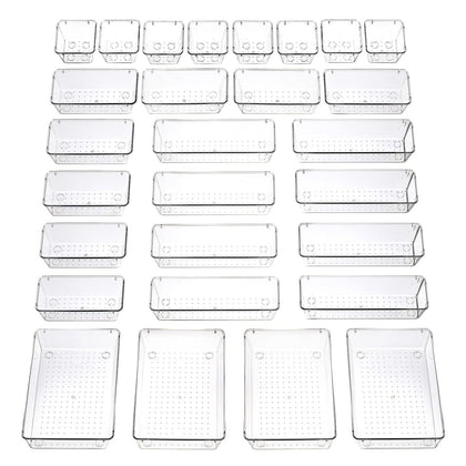 Byomostor 28PCS Clear Plastic Drawers Organizer in 4 Sizes, Ultimate Drawer Organizer Bins for Bathroom, Vanity, Junk Drawer, Office - Store Makeup, Jewelries, Supplies, and Tools with Ease