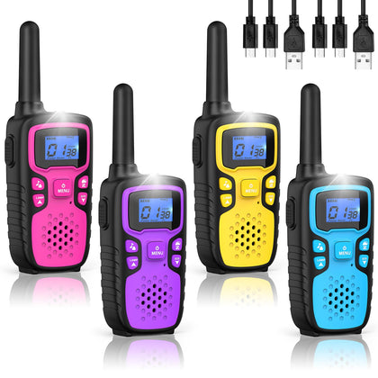 Walkie Talkies for Kids Rechargeable Long Range,WisHouse Xmas Birthday Gift for 3 4 5 6 7 8 Year Old Boys Girls,Hiking Gear Camping Games Cool Toys with NOAA,SOS Siren,Lamp,Lanyards,Easy to Use,4 Pack