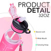 Hyeta 32 oz Water Bottles with Times to Drink and Straw, Motivational Water Bottle with Time Marker, Leakproof & BPA Free, Drinking Sports Water Bottle for Fitness, Gym & Outdoor, Pink-Green