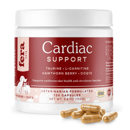 Fera Pets Cardiac Support Supplement for Dogs and Cats, Improves Blood Flow, Energy - with Taurine, CoQ10, Organic Hawthorn Berry, Supports Cardiovascular Heart Health - 120 Capsules