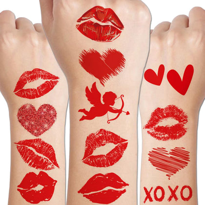 CHARLENT Red Sexy Lips and Heart Temporary Tattoos for Valentine's Day Party Supplies - 10 Sheets Valentine's Day Tattoos for Party Supplies Favors Decorations Gifts